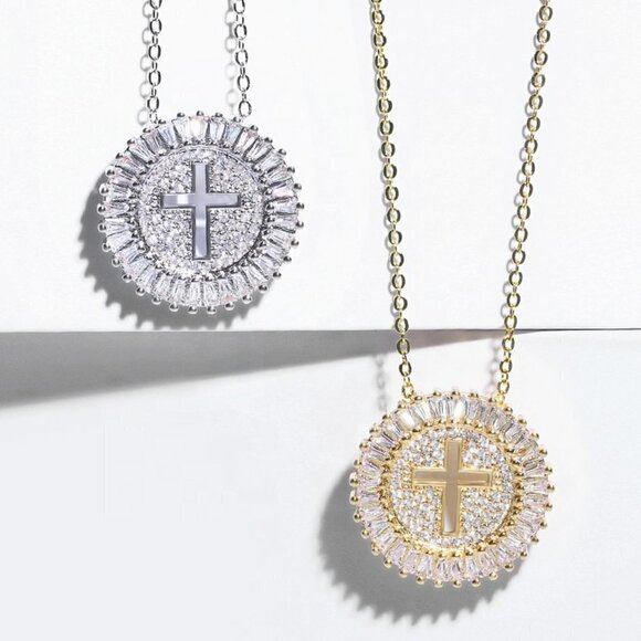 💎 Round Cross Carved CZ Full Filled 14K Gold Plated Dainty Necklace, INDN8639 - Picture 3 of 5